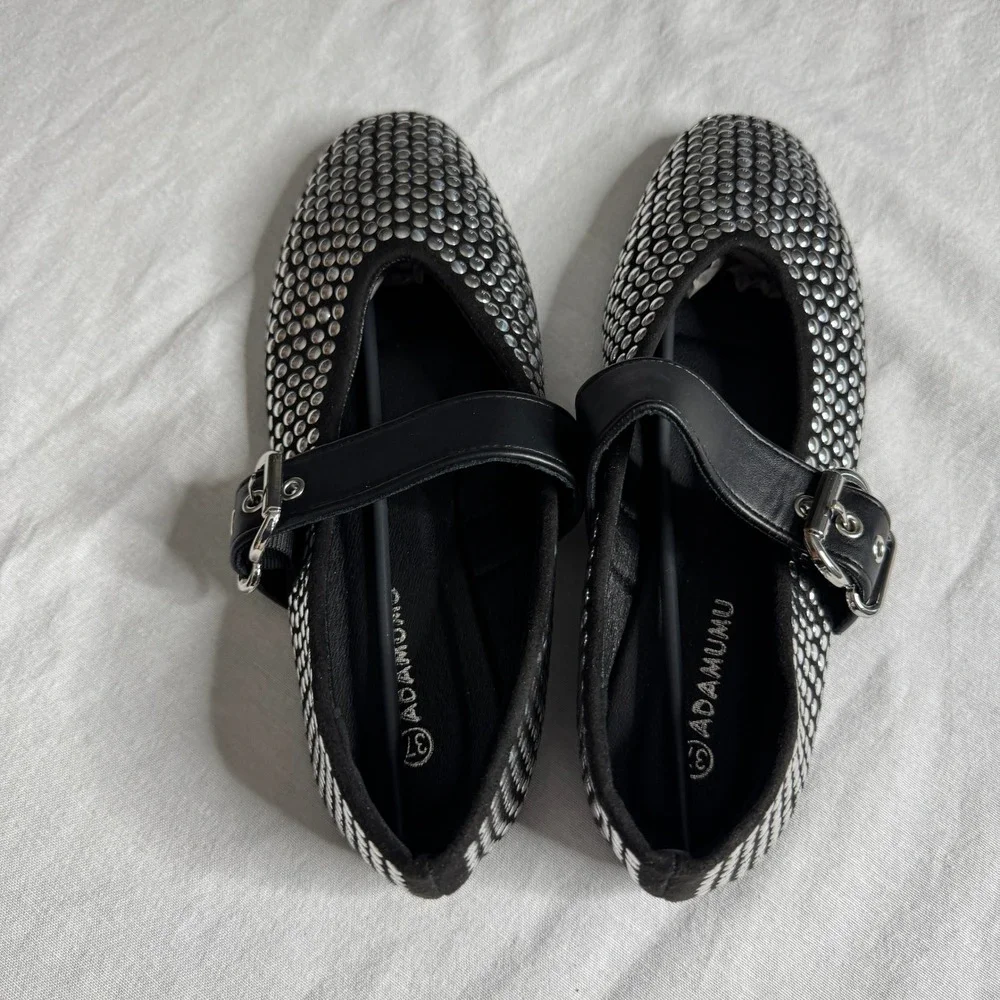 Studded Mary Jane Flats Black Silver Buckle Punk Ballerina Shoes Womens 37 6.5-7